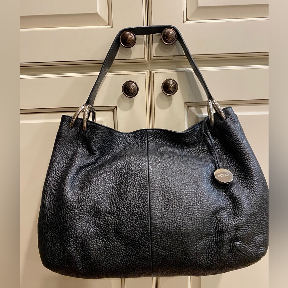 FURLA black leather tote with silver hardware